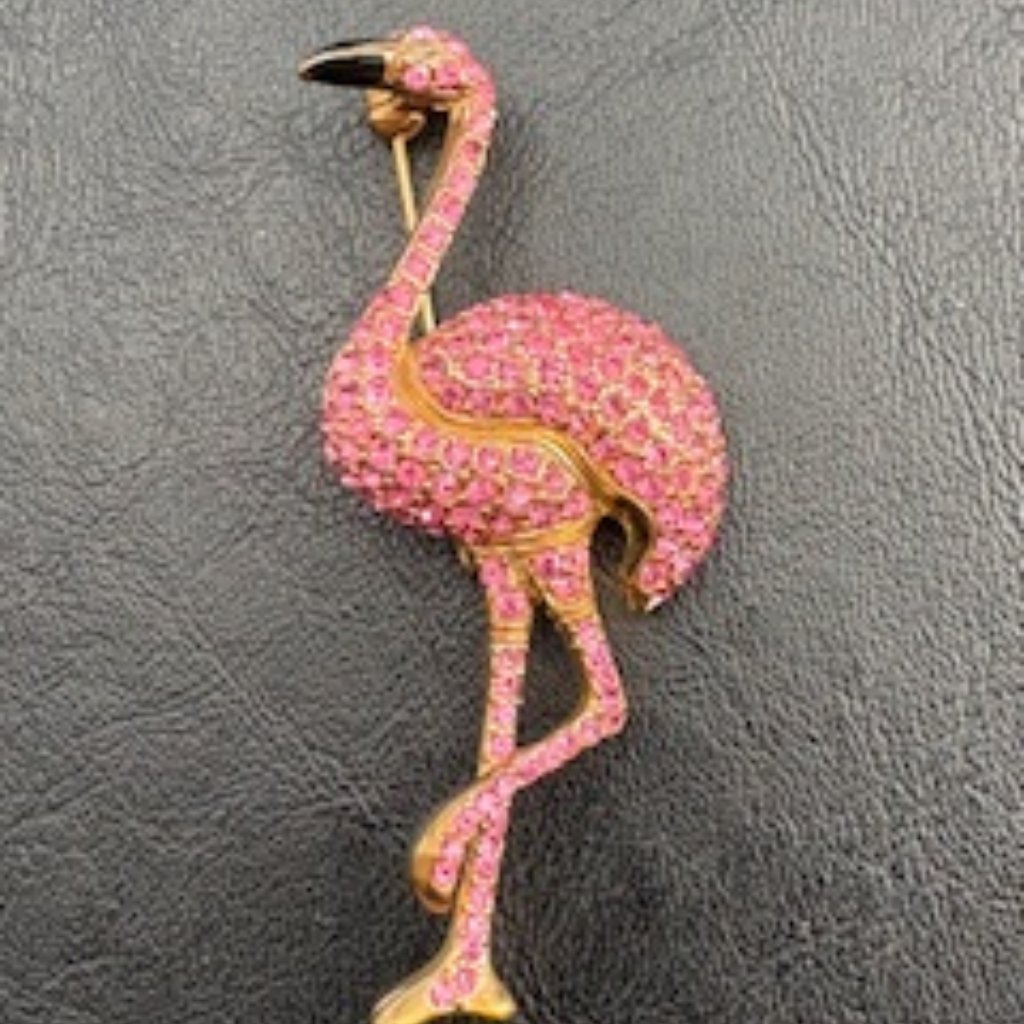 Vintage Pink Diamante "Flamingo" Brooch-Gold Plated Metal